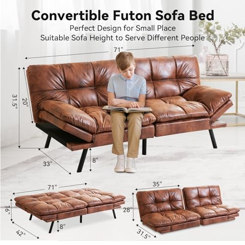 Brown Faux Leather Memory Foam Futon Sofa Bed W876