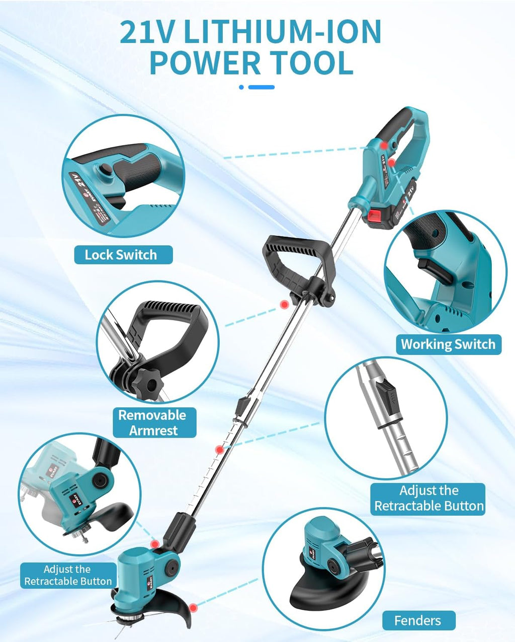 21V Cordless Electric String Trimmer with 6000mAh Battery D5546