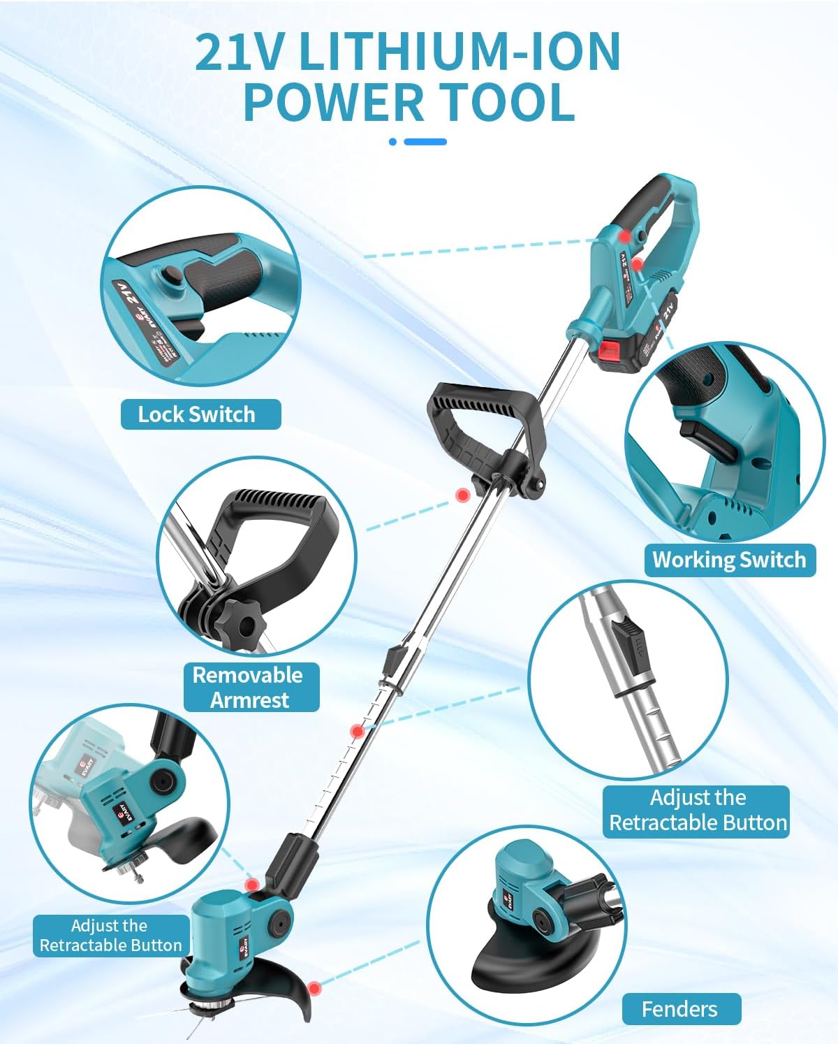 21V Cordless Electric String Trimmer with 6000mAh Battery D5546