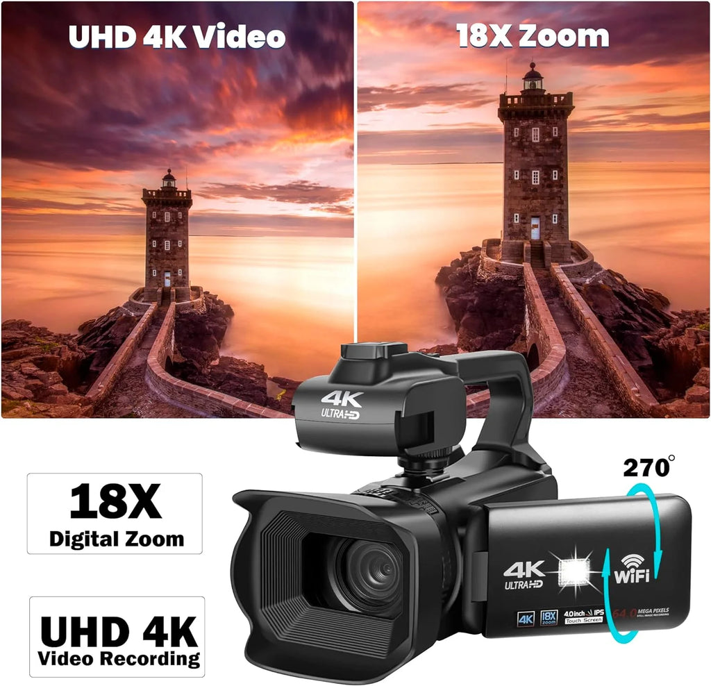4k Video Camera Camcorder with 18X Digital Zoom, 64MP, 4.0-inch Rotating Touchscreen, 64GB SD Card, Black N59664