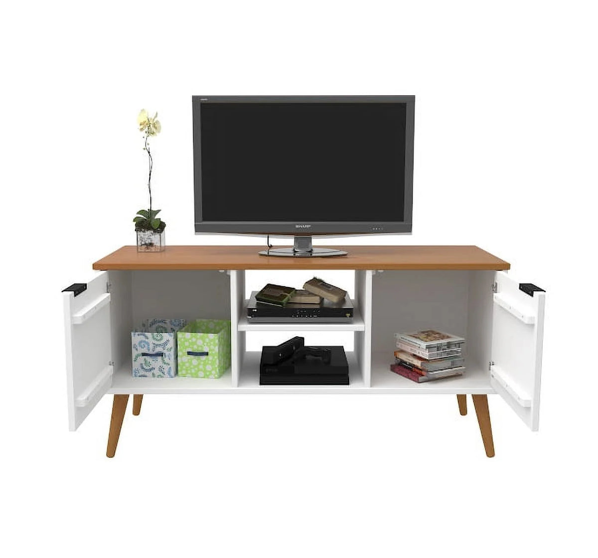 White 2 Door 2 Shelf Solid Wood TV Stand T9043