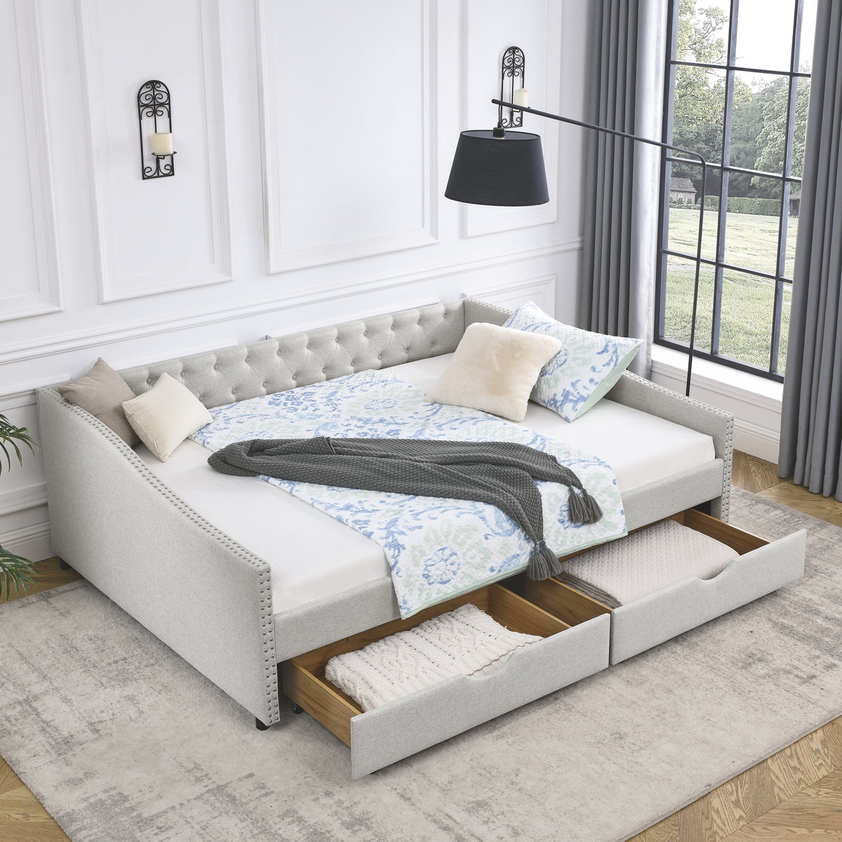 Upholstered Queen Size Daybed with Drawers Q3081