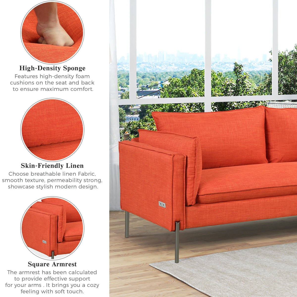 3 Seat Linen Fabric Upholstered Sofa with 2 USB Ports Gray C33351