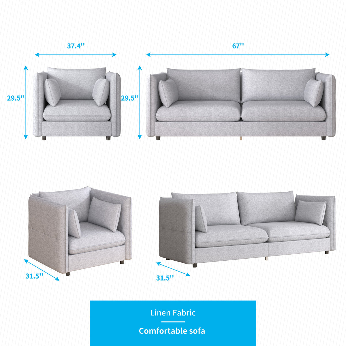 Light Grey Linen Fleece 2 Pieces Sofa Set Z712