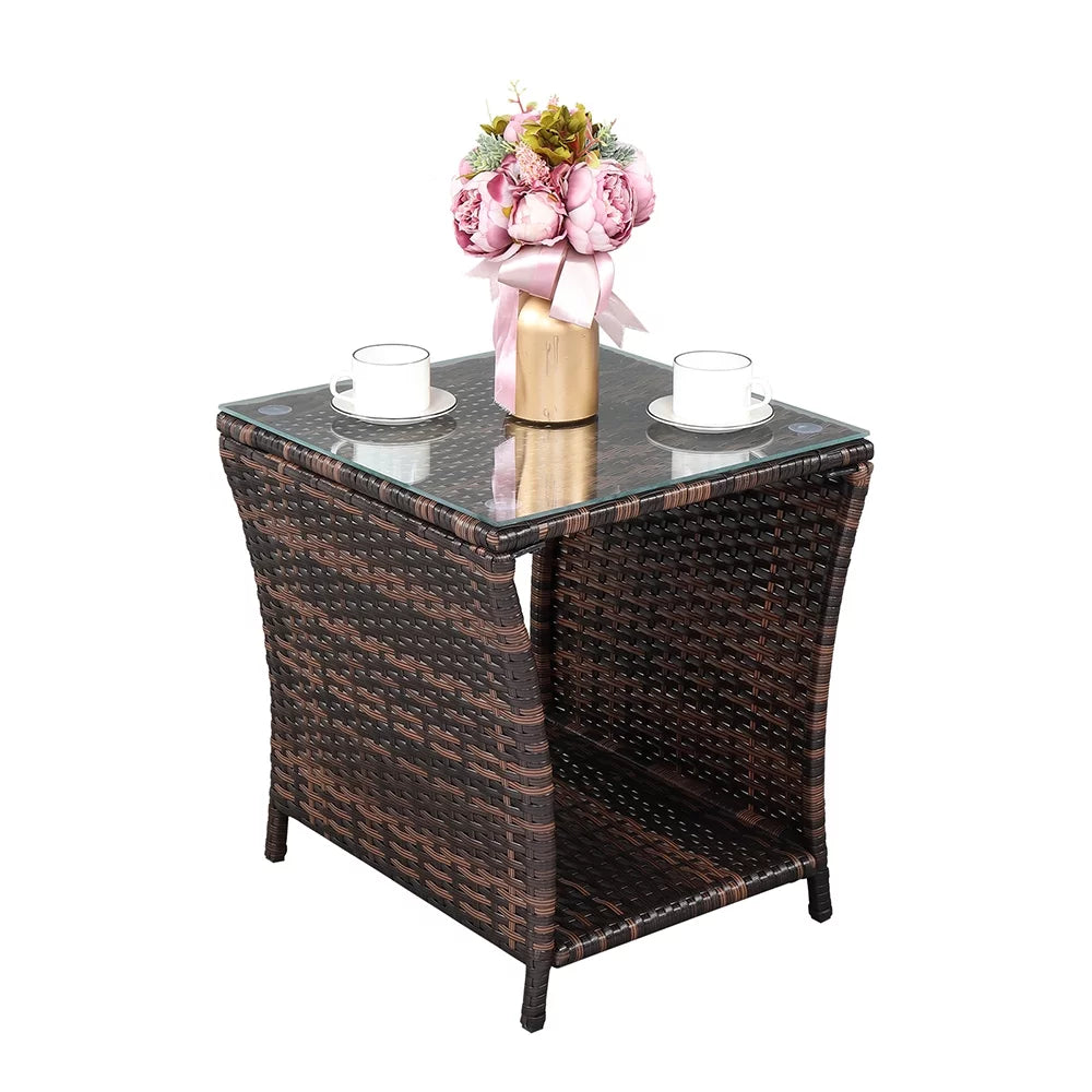 Square Tempered Glass Top Wicker Rattan Side Table with Storage P73799