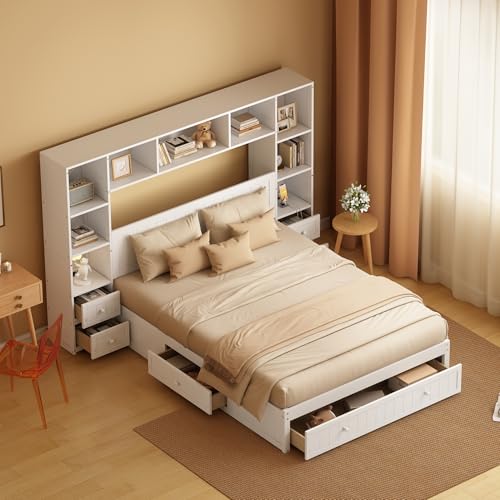 White Full Size Wood Platform Bed with Bookcase Headboard and Drawers B30197