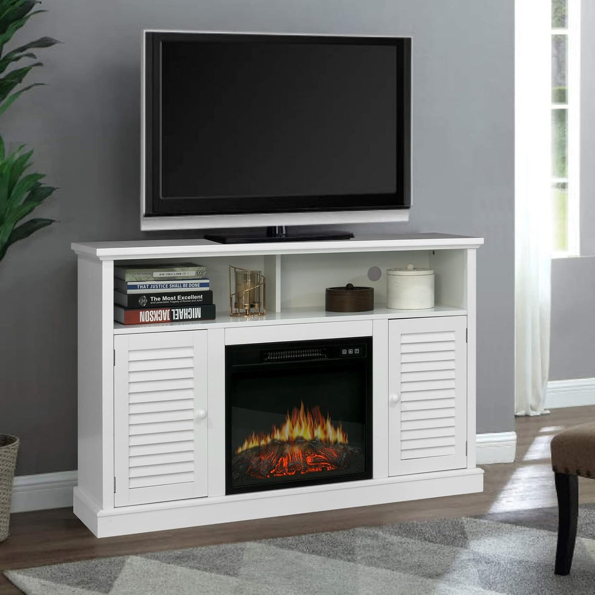 Black Fireplace TV Stand with Insert Fireplace and Adjustable Shelves T5889