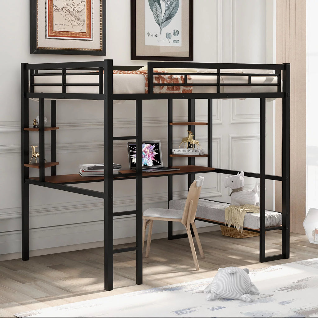 Black Loft Bed with Desk and Shelves P72297