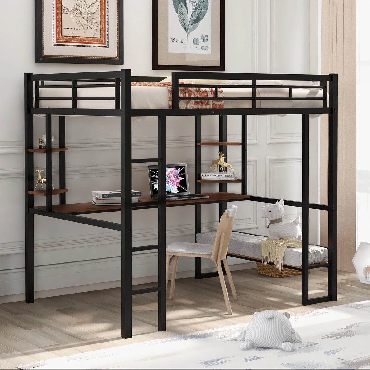 Black Loft Bed with Desk and Shelves P72297
