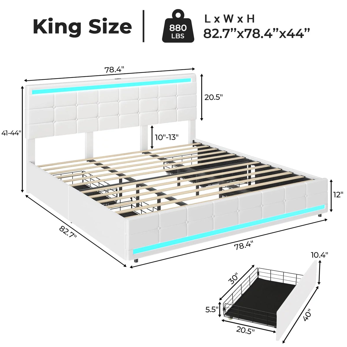 King Bed Frame with Storage Drawers, LED Lights, USB Port, White U83988