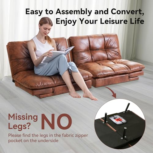 Brown Faux Leather Memory Foam Futon Sofa Bed W876