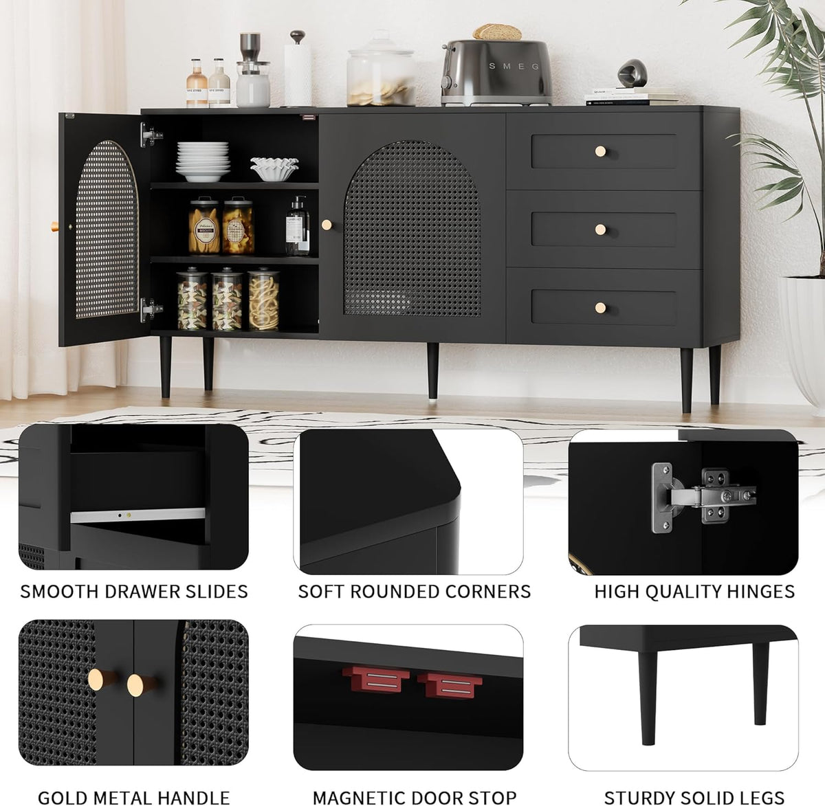 Black Sideboard Buffet Cabinet with 3 Drawers P477643