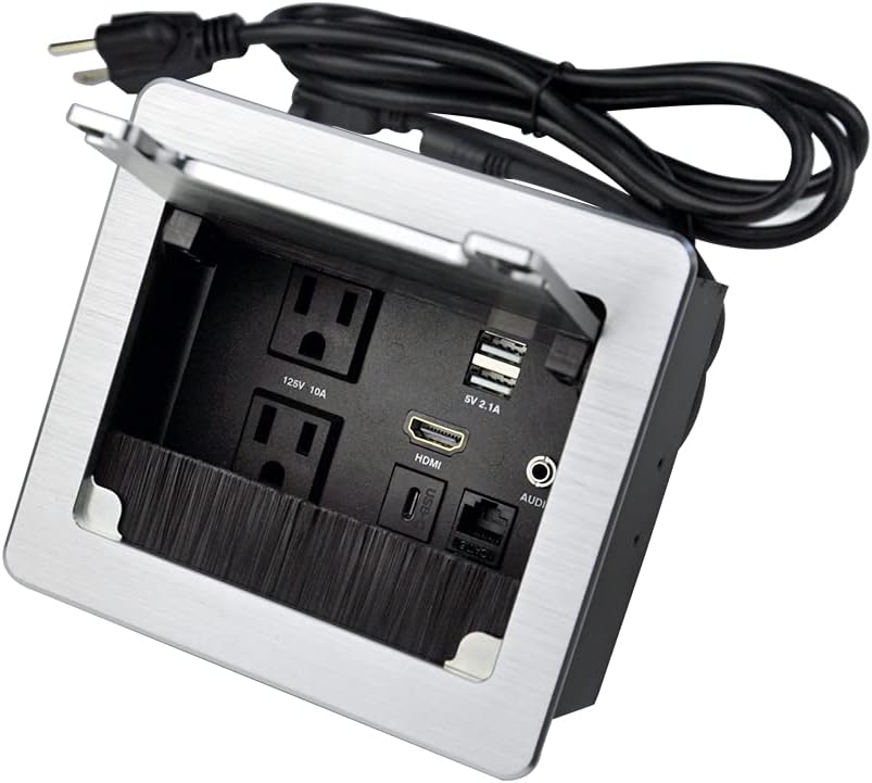 Silver Pack of 2 Tabletop Connectivity Box with 2 AC Power + 2 USB Charger + HDMI + 3.5mm Audio + USB-C Data + RJ45 V3933
