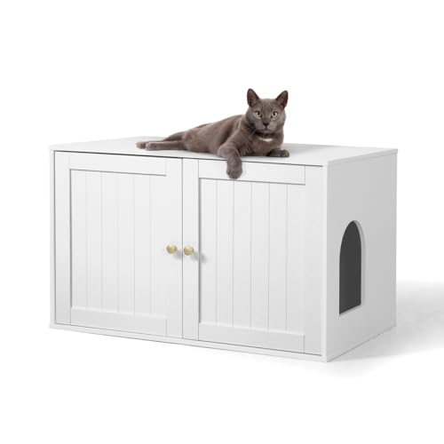 White Wooden Cat Litter Box with Double Doors C9029