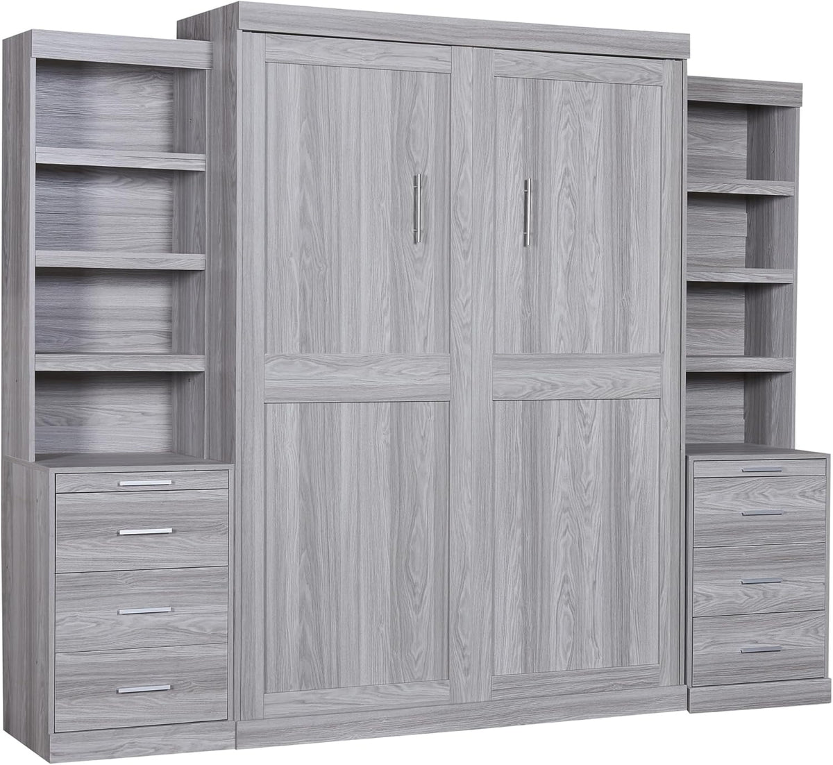 Gray Full Size Wood Murphy Bed with Storage Shelves and Drawers C433280