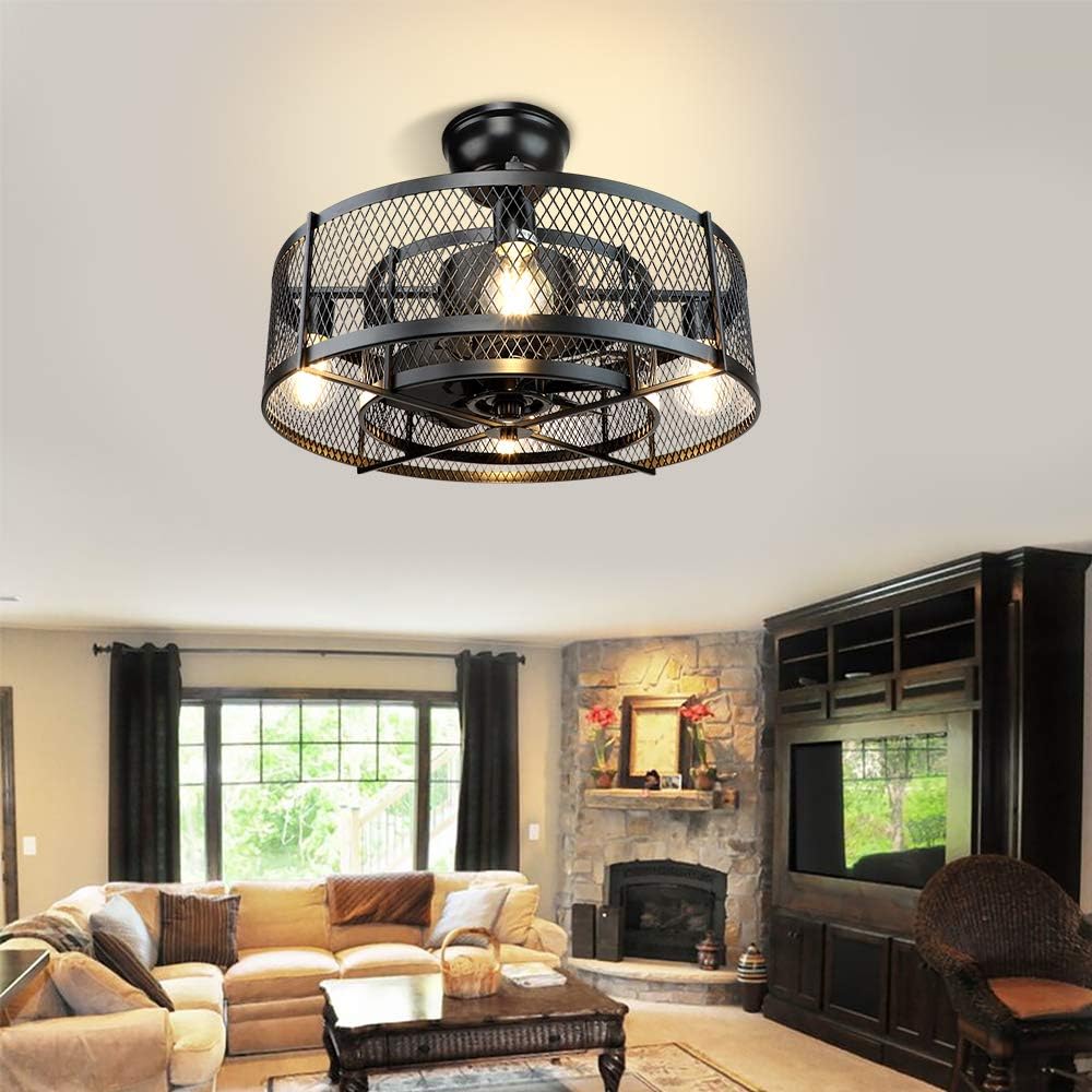 20In Caged Ceiling Fan with Light, 3 Speeds, Remote, Black I663