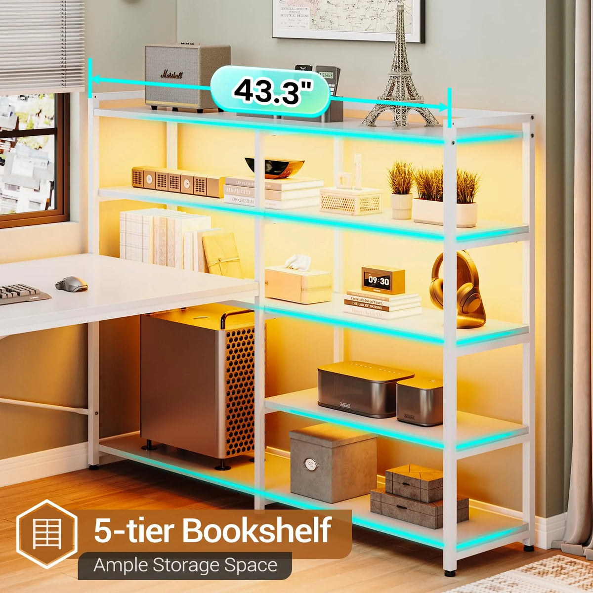 White L Shaped Computer Desk with Power Outlet and Storage Shelves S9948