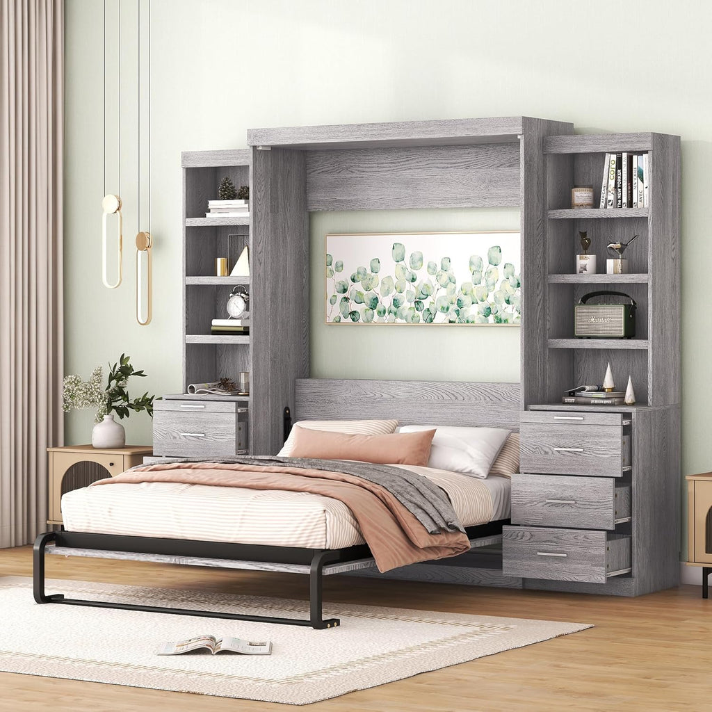 Gray Full Size Wood Murphy Bed with Storage Shelves and Drawers C433280