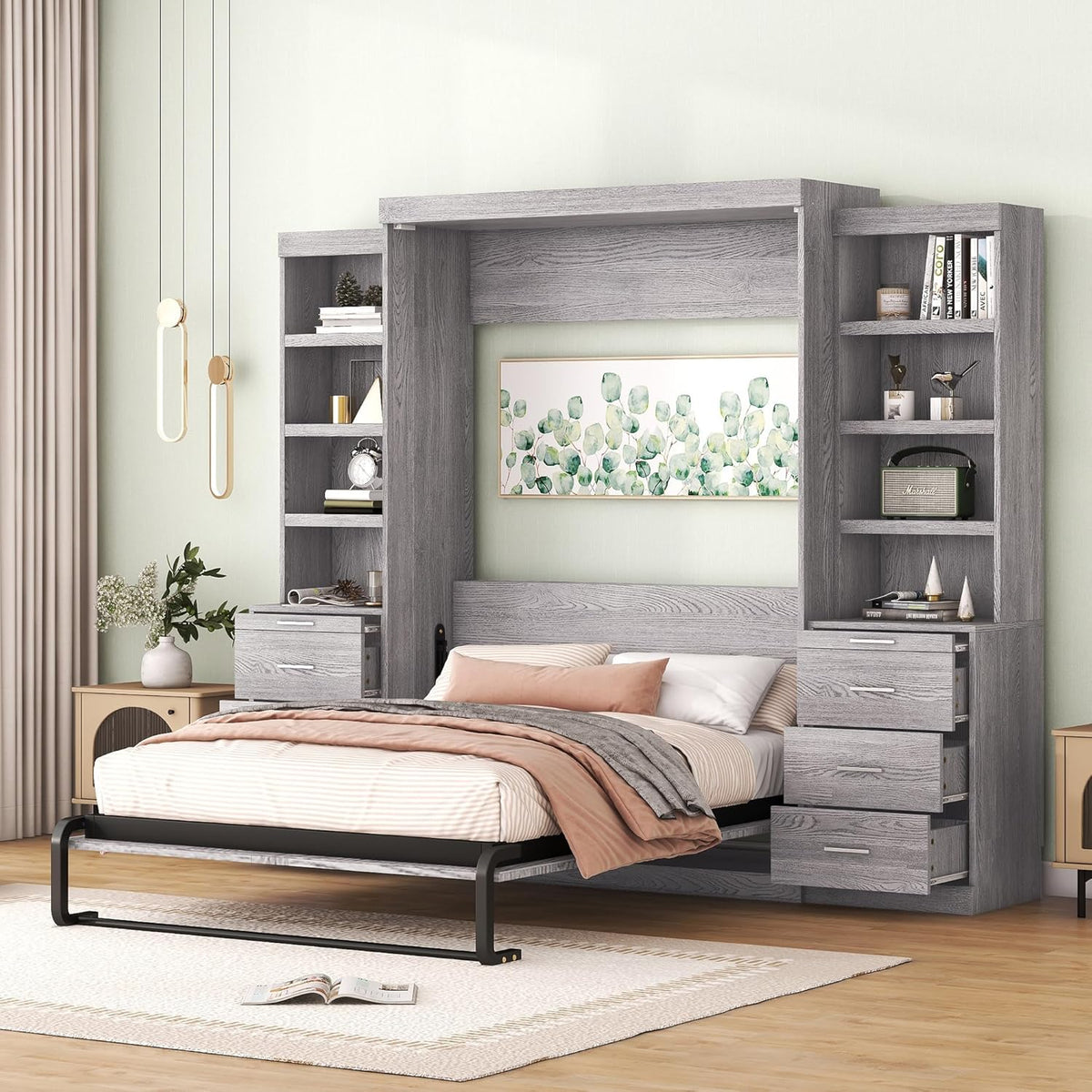 Gray Full Size Wood Murphy Bed with Storage Shelves and Drawers C433280