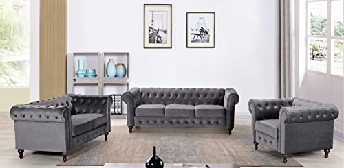 3-Piece Velvet Chesterfield Sofa Set, Grey X300