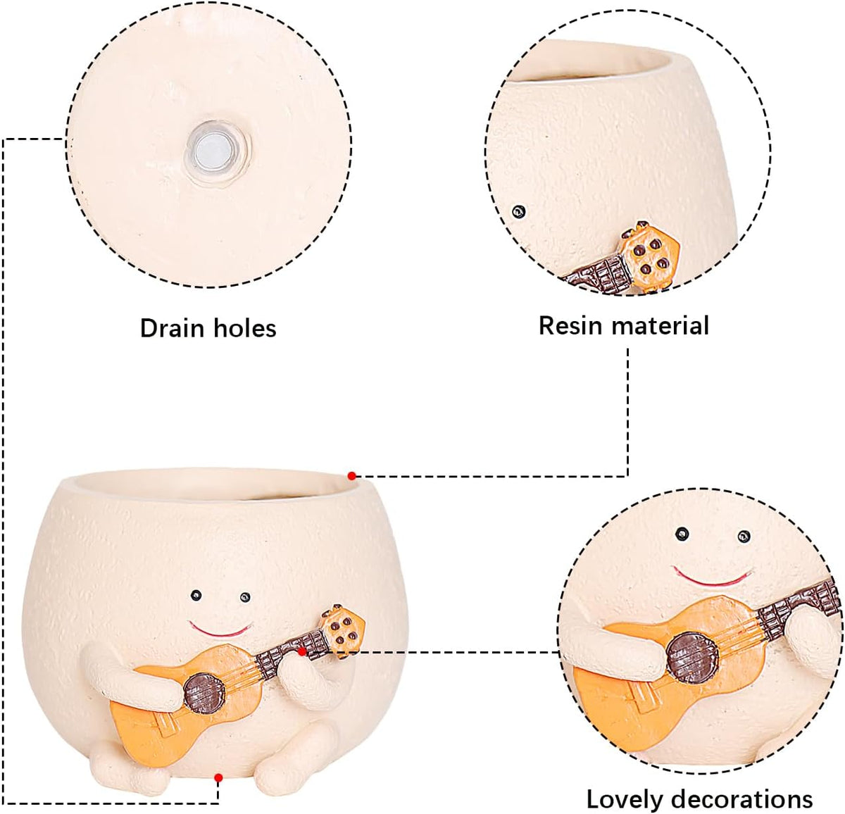 Smiley Guitar Head Succulent Pots with Drainage Hole A4849
