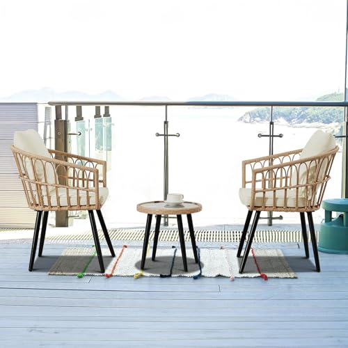 Beige 3 Piece Outdoor Wicker Bistro Set with Cushions G796092