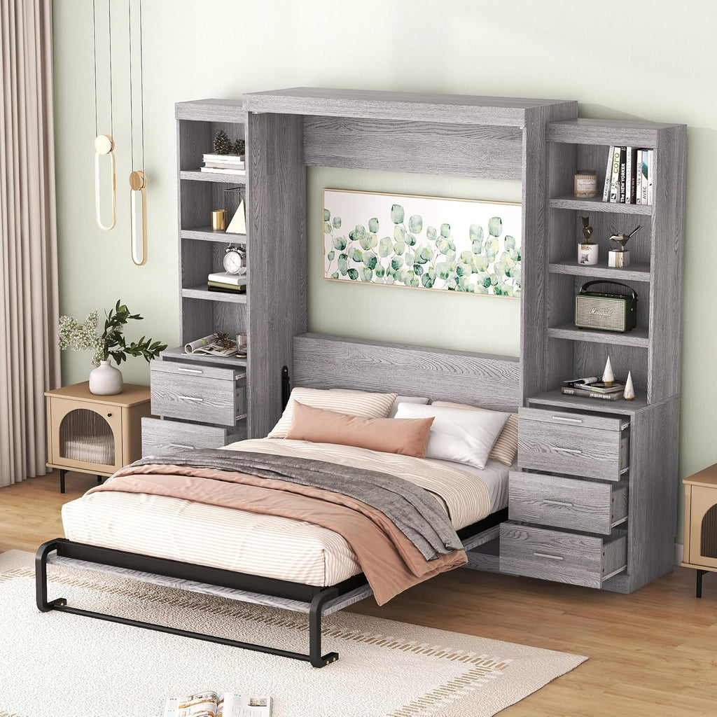 Gray Full Size Wood Murphy Bed with Storage Shelves and Drawers C433280