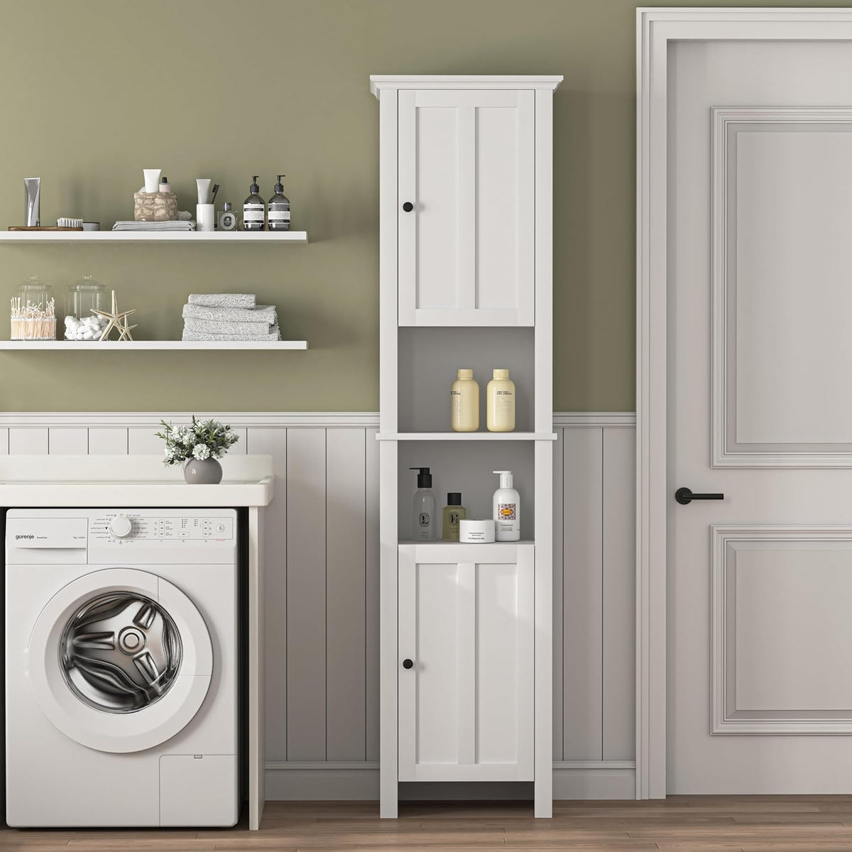 White 15.7"L x 11.8"W x 67"H Narrow Bathroom Storage Cabinet with Shelves and Door C4608
