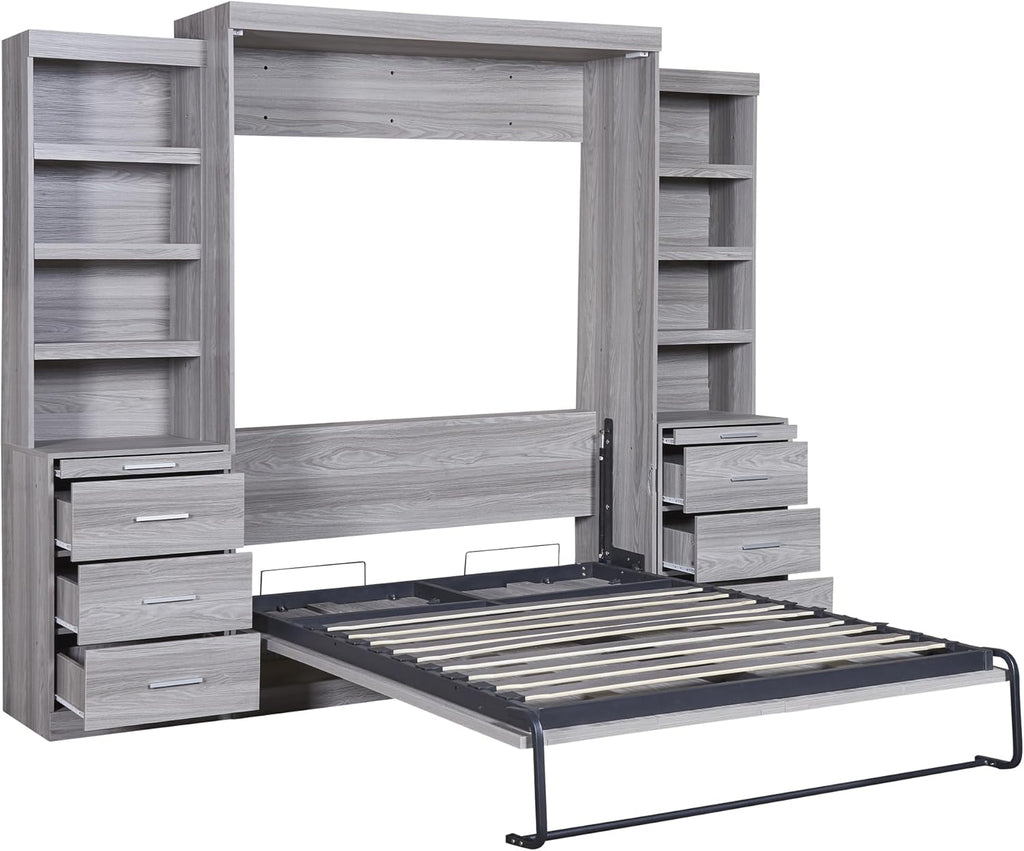 Gray Full Size Wood Murphy Bed with Storage Shelves and Drawers C433280