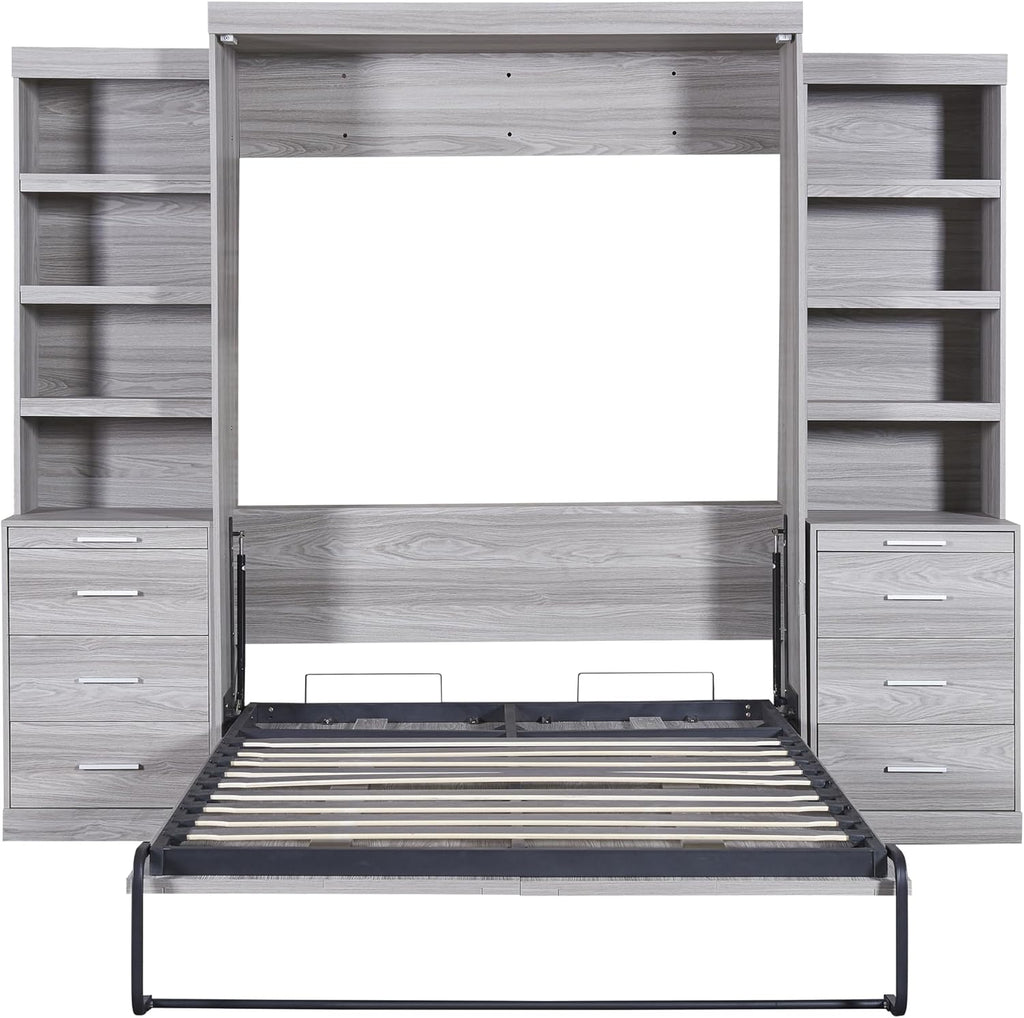 Gray Full Size Wood Murphy Bed with Storage Shelves and Drawers C433280