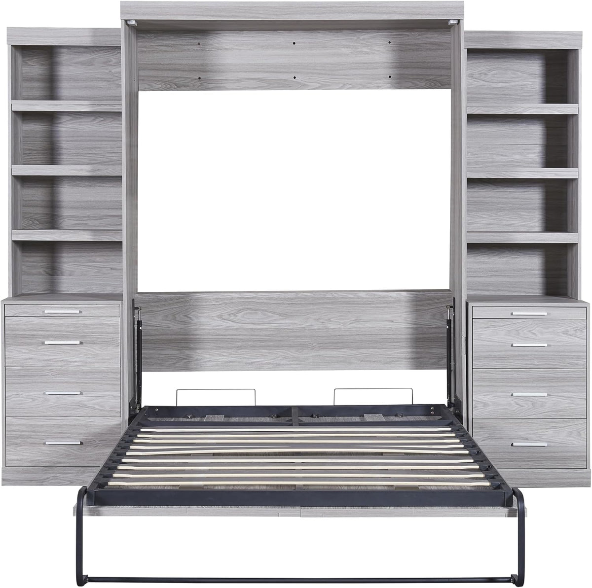 Gray Full Size Wood Murphy Bed with Storage Shelves and Drawers C433280