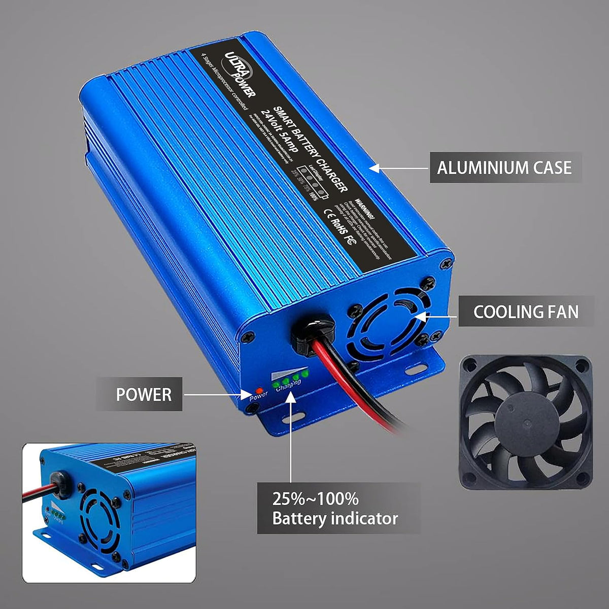 24 Volt 5-Amp Smart Battery Charger Maintainer Desulfator with I/O Switch H122
