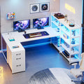White L Shaped Computer Desk with Power Outlet and Storage Shelves S9948
