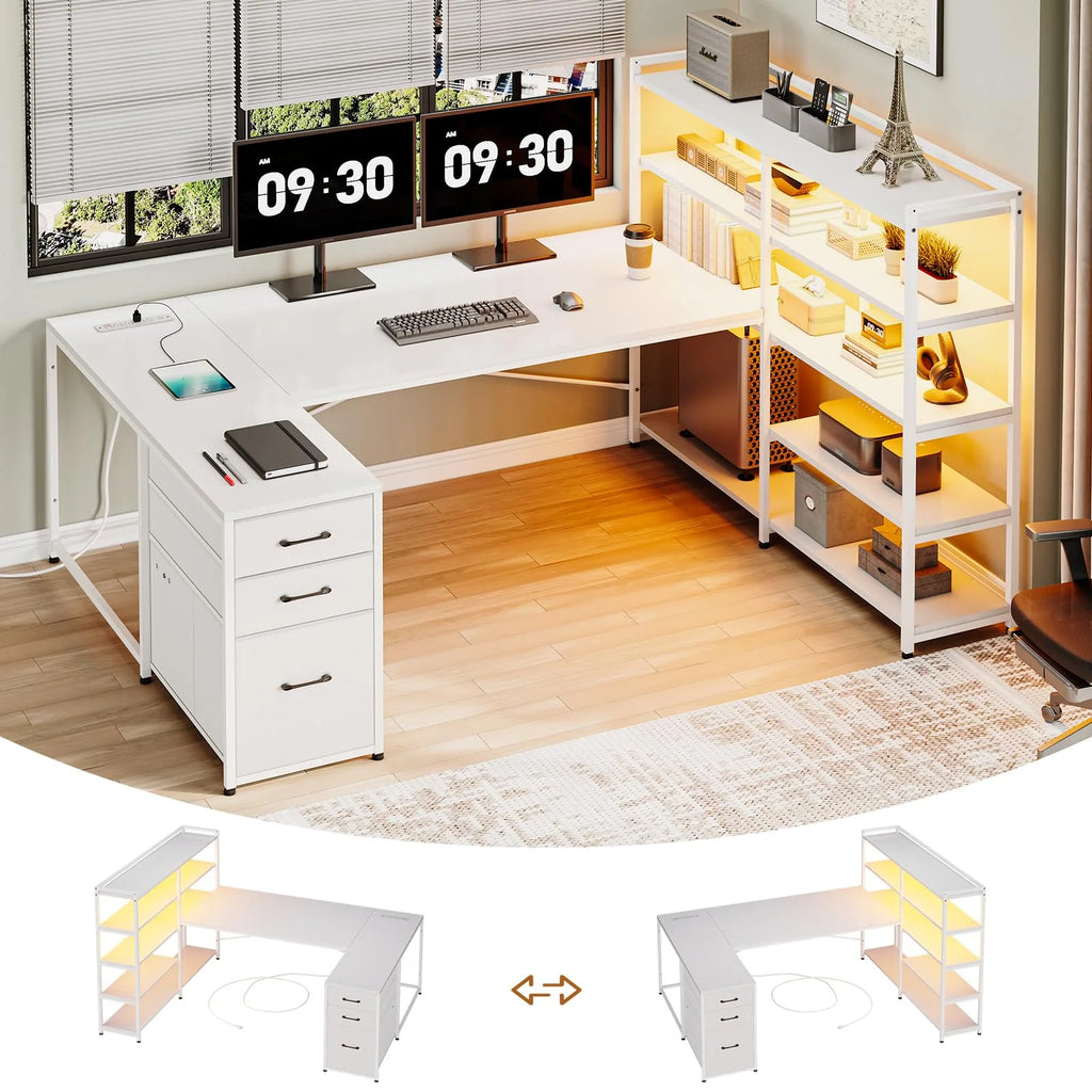 White L Shaped Computer Desk with Power Outlet and Storage Shelves S9948