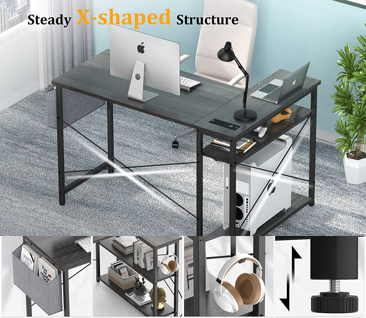 L Shaped Desk with Power Outlets & LED Lights F69284