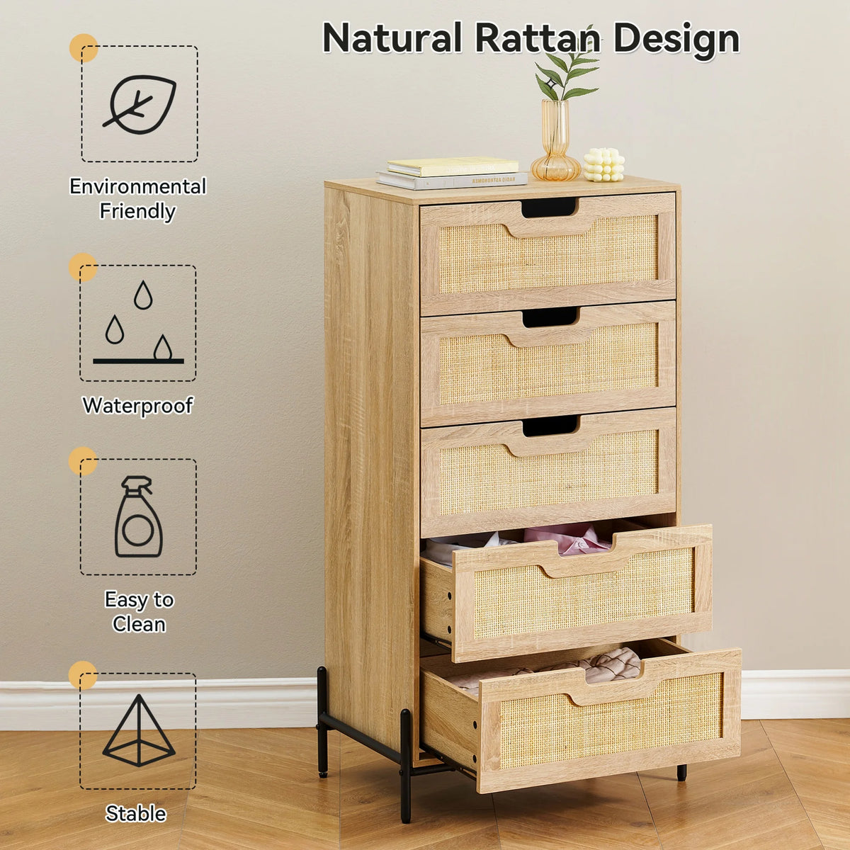 5 Drawer Natural Rattan Wood Dresser with Metal Legs U18760