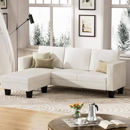 Cream Corduroy L-Shaped Convertible Sectional Sofa 3 Seater E77108