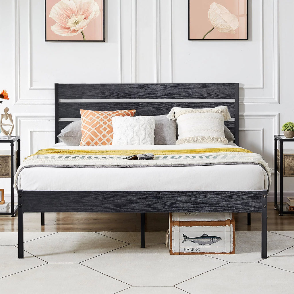 Queen Bed Frame with Wooden Headboard and Metal Slats H762