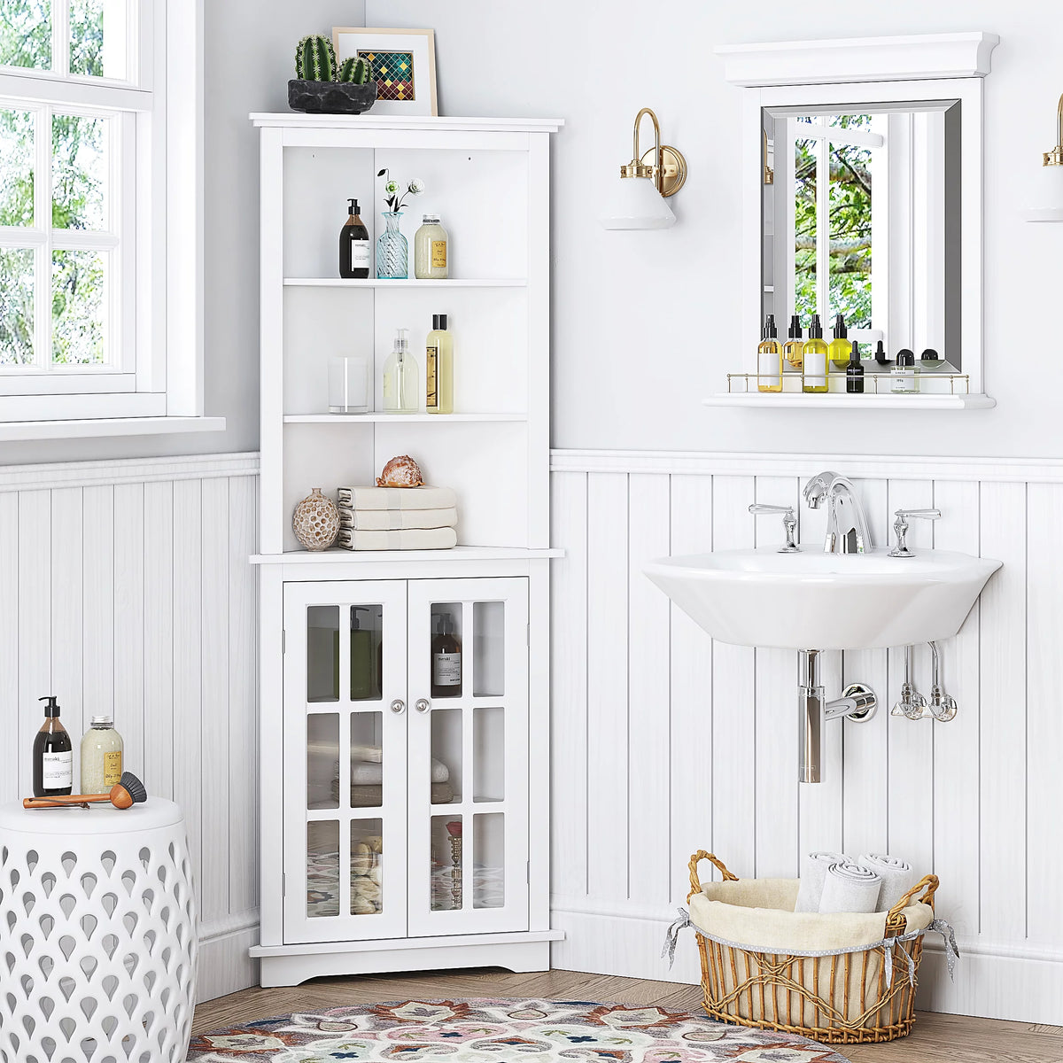 White Tall Corner Storage Cabinet with Glass Doors and Adjustable Shelves X470