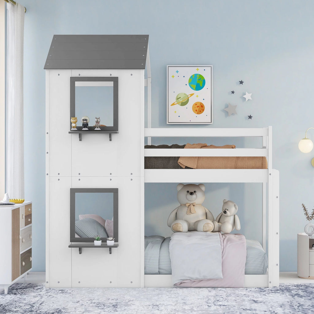 Wood Twin Over Twin Bunk Bed with Roof and Ladder T380311