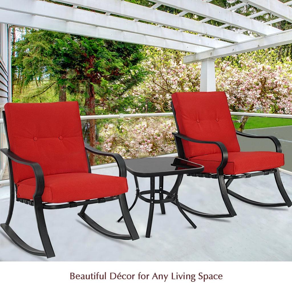 3-Piece Black Metal Rocking Chairs and Table with Brown Cushions U350