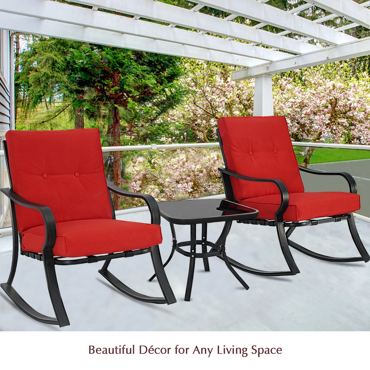 3-Piece Black Metal Rocking Chairs and Table with Brown Cushions U350