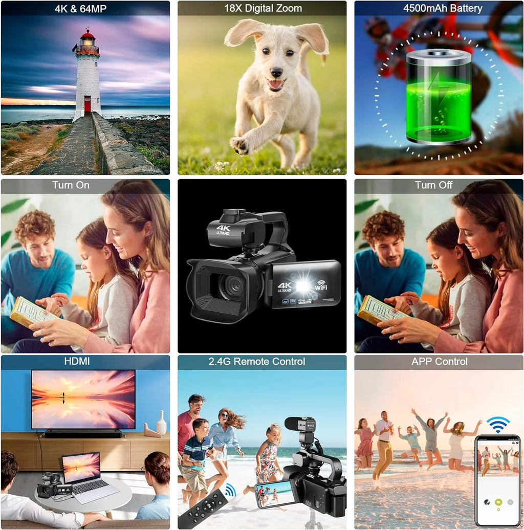 4k Video Camera Camcorder with 18X Digital Zoom, 64MP, 4.0-inch Rotating Touchscreen, 64GB SD Card, Black N59664