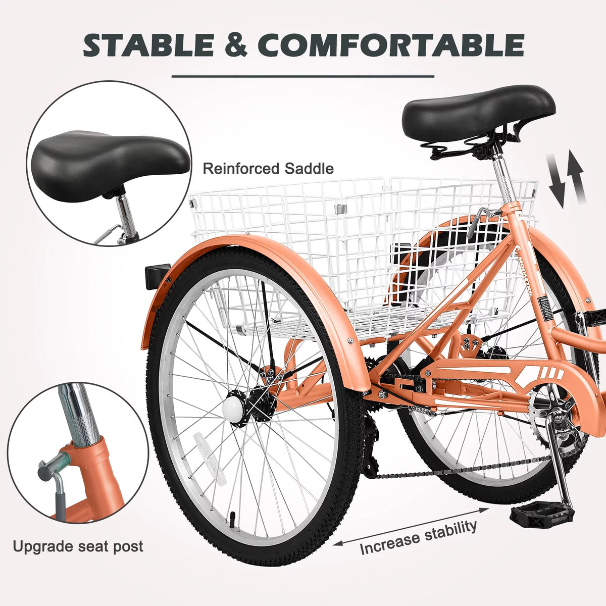 24" 7-Speed 3 Wheel Adult Tricycle with Baskets, Orange G953644