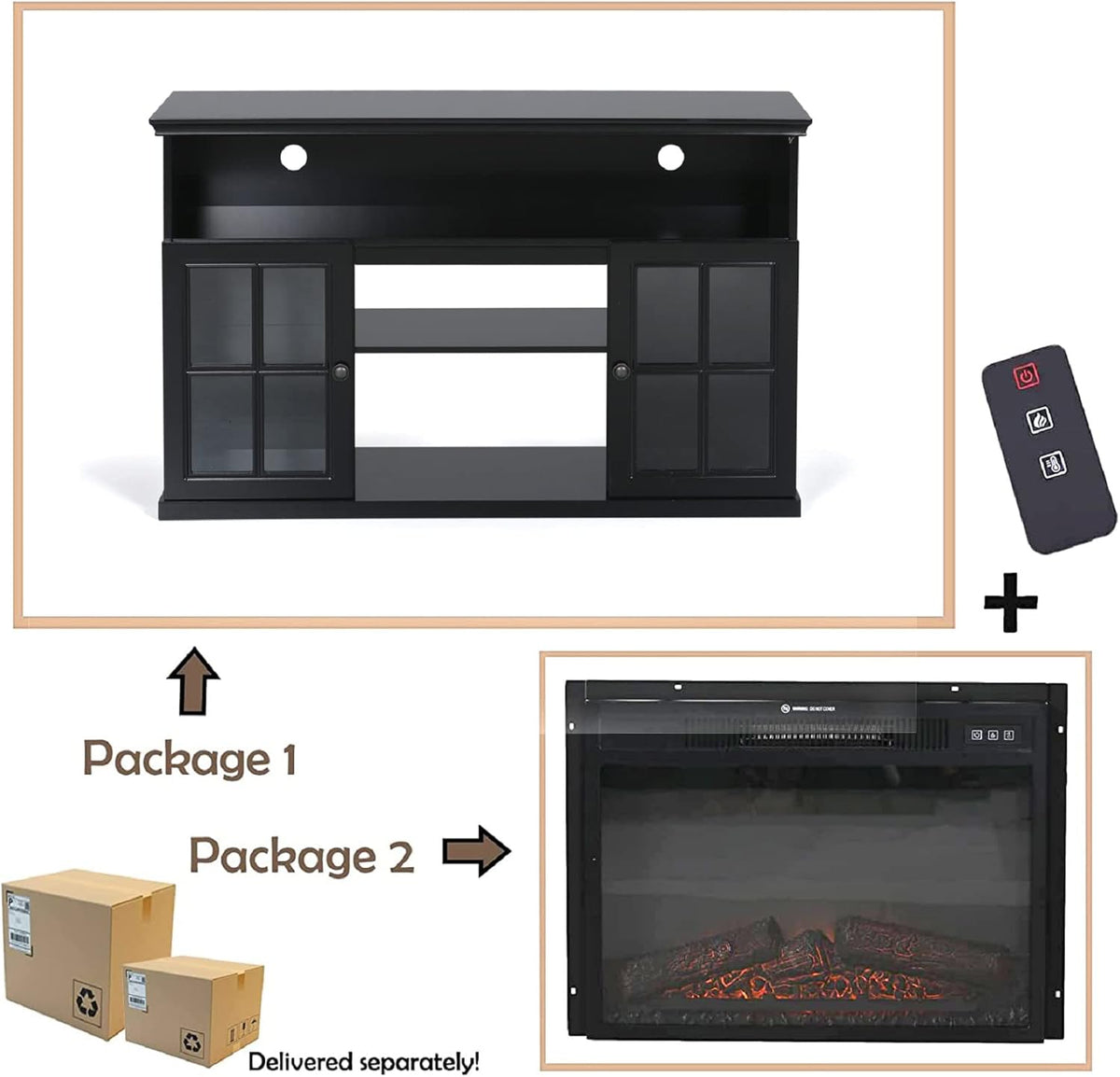 Black Fireplace TV Stand with Insert Fireplace and Adjustable Shelves T5889