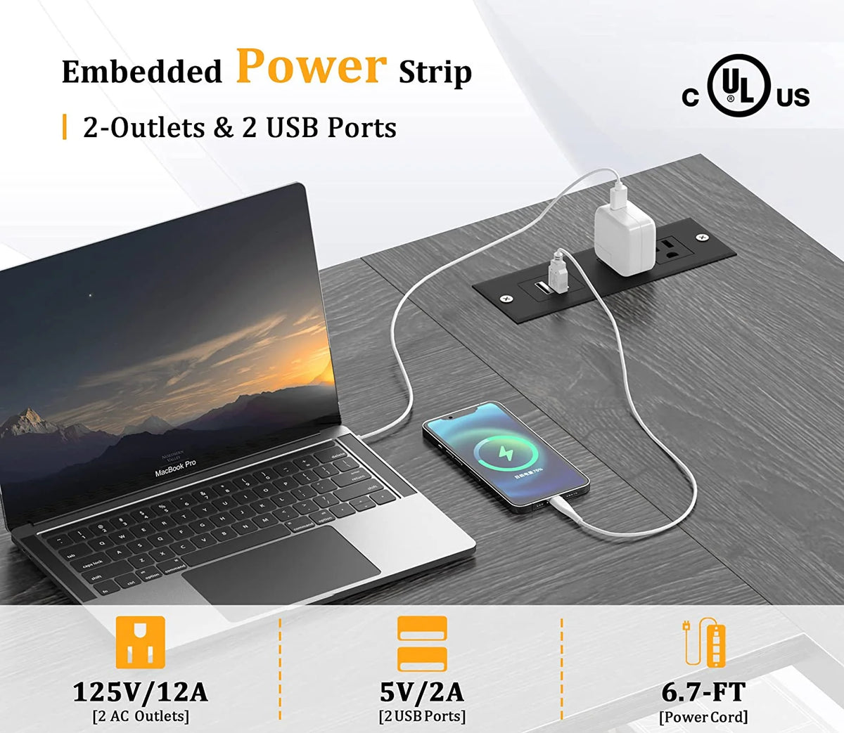 L Shaped Desk with Power Outlets & LED Lights F69284