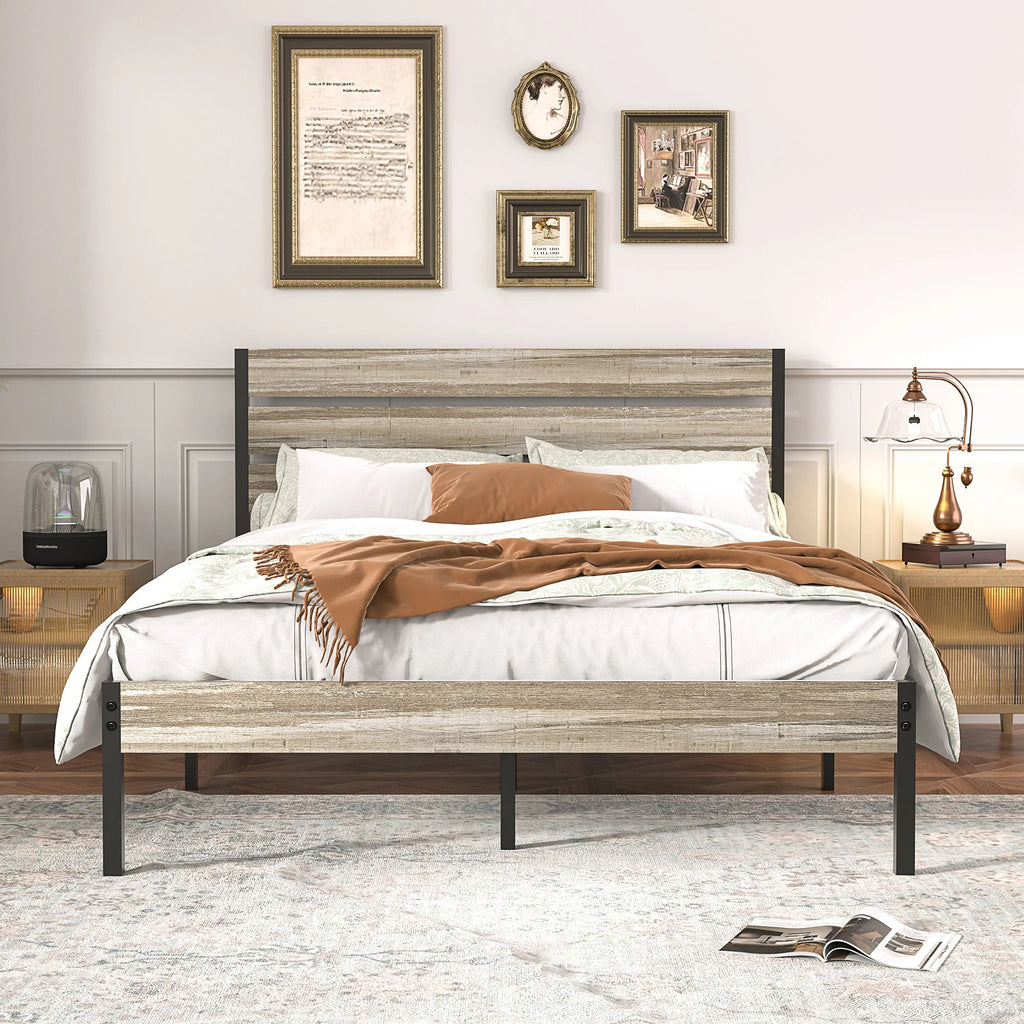 Queen Bed Frame with Wooden Headboard and Metal Slats H762