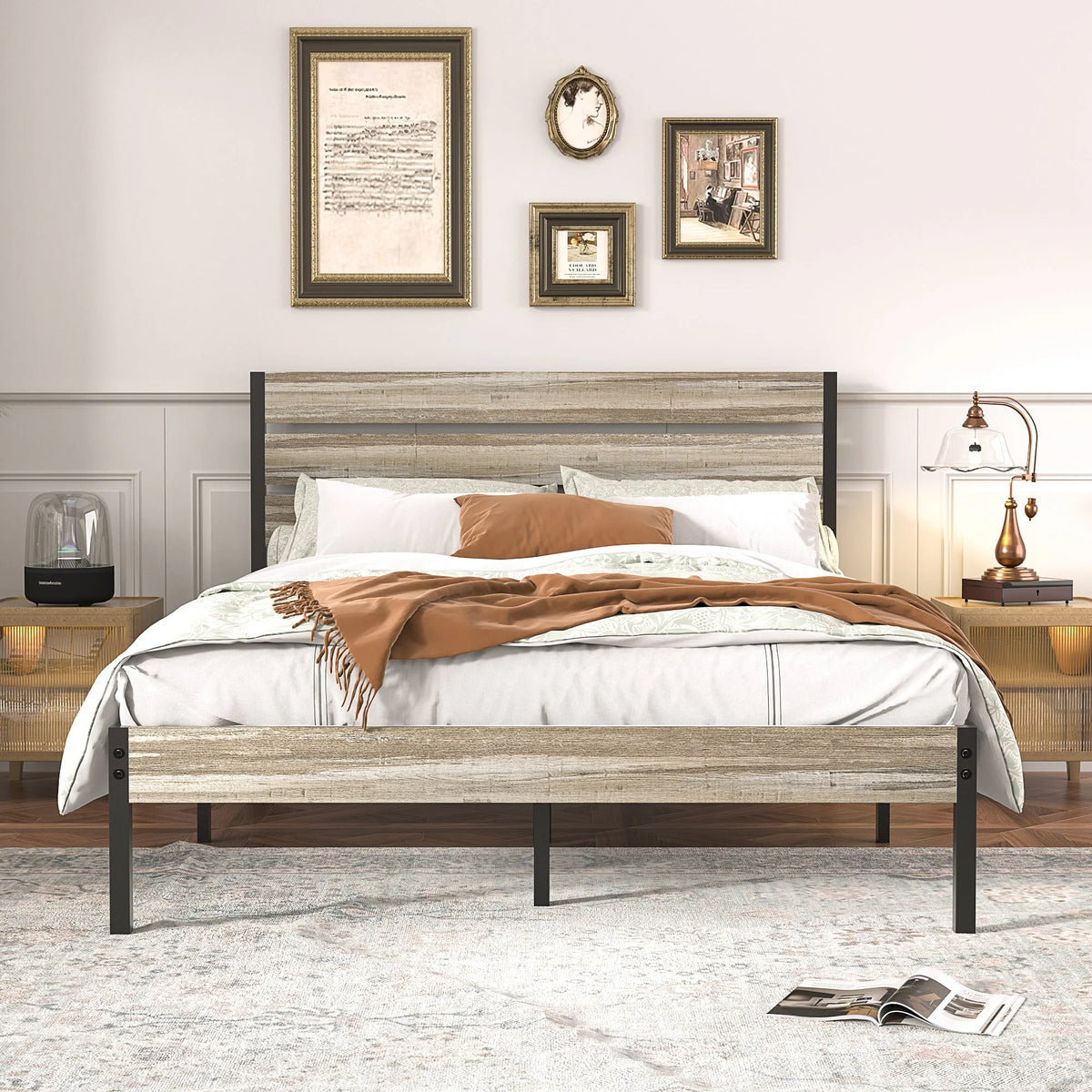 Queen Bed Frame with Wooden Headboard and Metal Slats H762