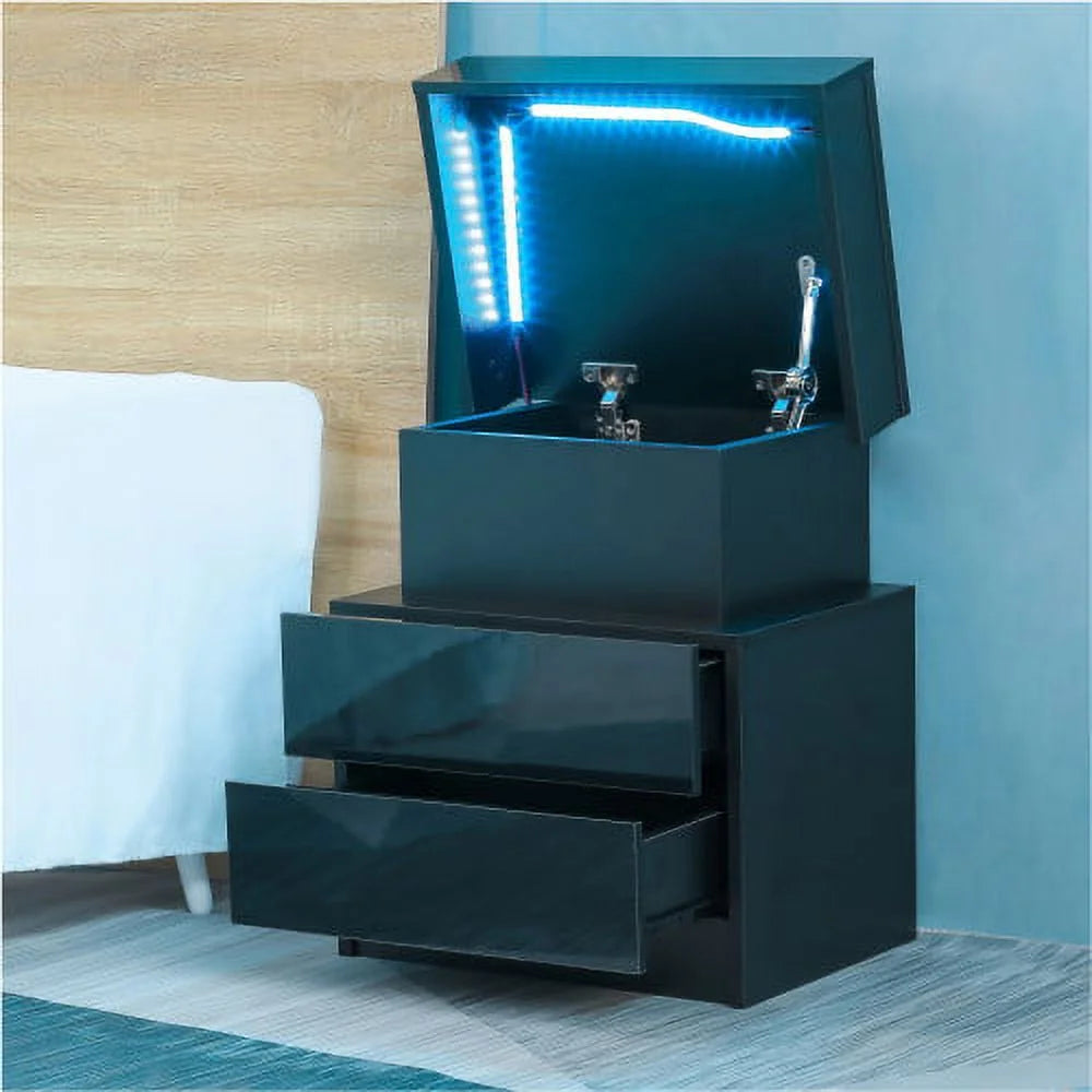 Black LED Nightstand with 2 High Gloss Drawers L63598