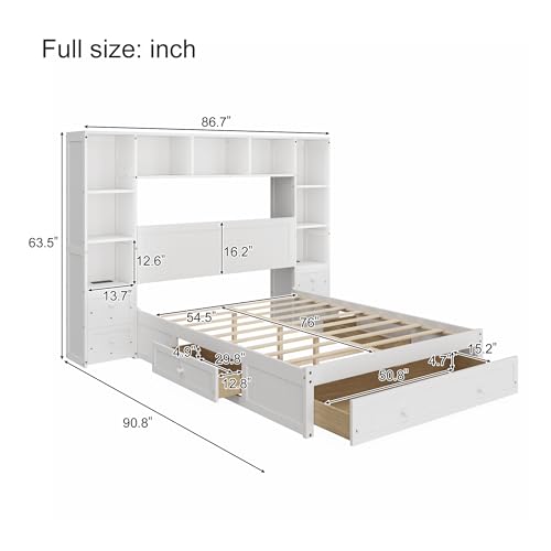 White Full Size Wood Platform Bed with Bookcase Headboard and Drawers B30197